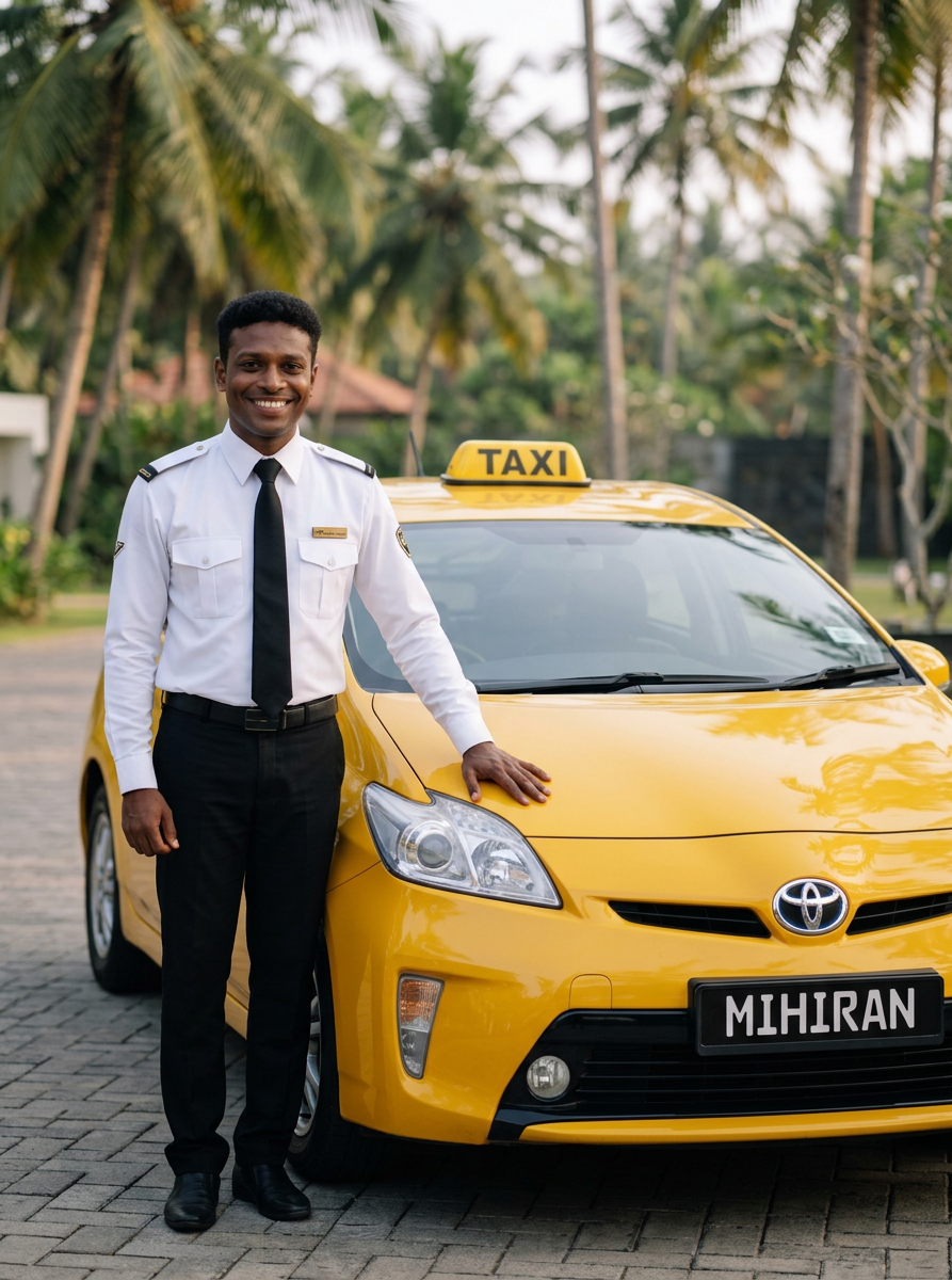 Mihiran Cabs professional driver smiling beside a yellow Toyota Prius taxi in Sri Lanka